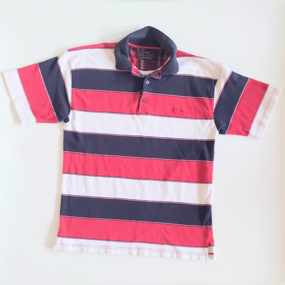 Guess Polo Shirt Short Sleeve Striped Shirt Blue Red Size Large 100% Cotton VTG